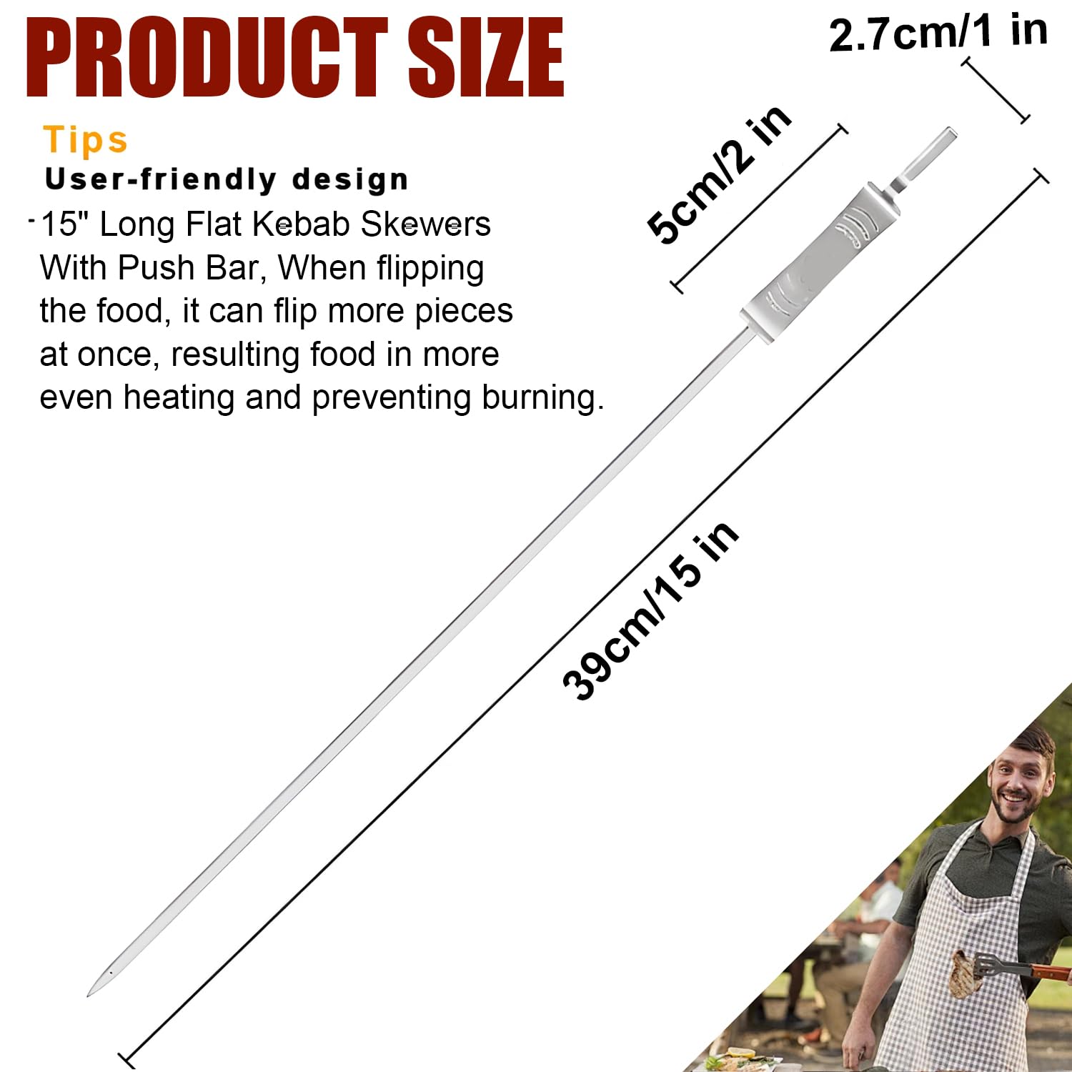 Spiedini per barbecue, in acciaio inossidabile 304 di alta qualità, 38 cm, resistenti bastoncini per kebab per grigliare, riutilizzabili e lavabili in lavastoviglie (10 forchette)
