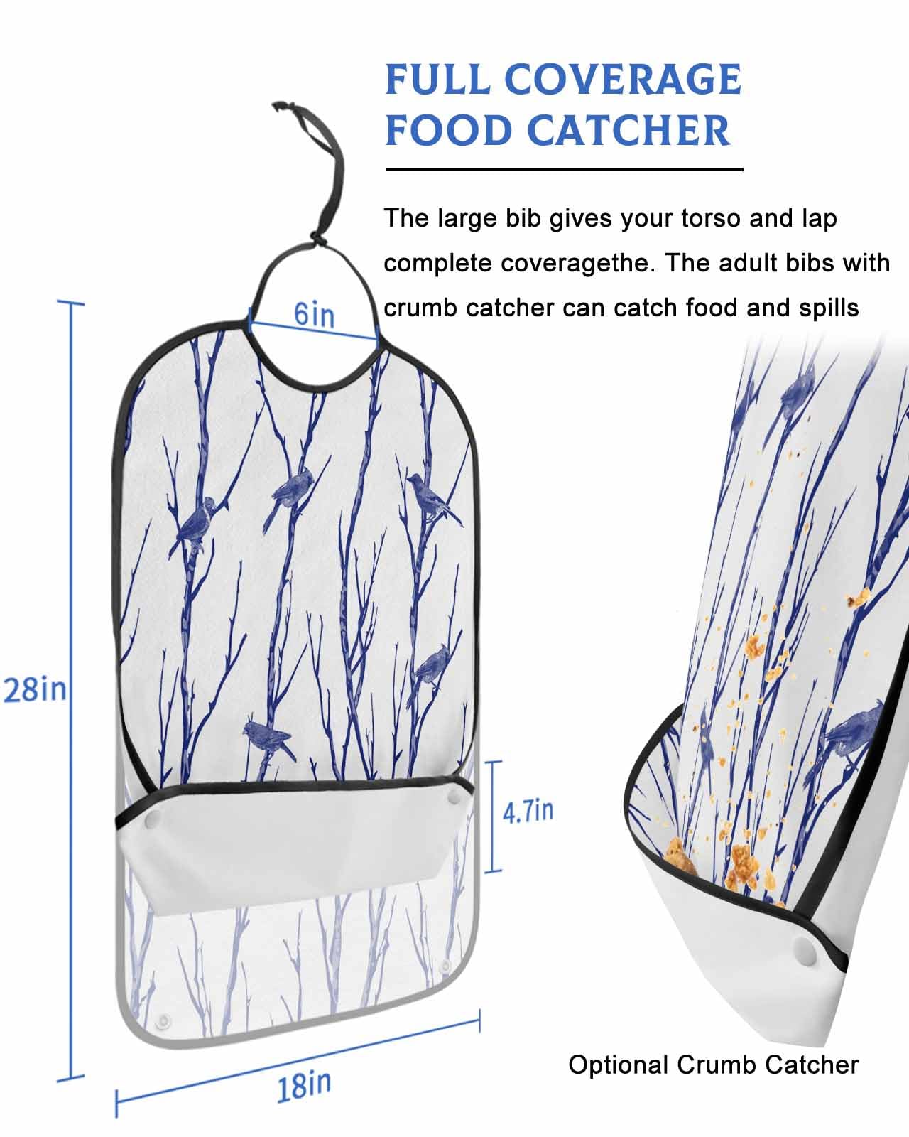 LEOKOTI Navy Blue Branches Birds Adult Bibs for Eating, Waterproof Bibs with Food Catcher & Snap Closure, Contemporary Abstract Silhouette Washable Clothing Protectors Adult Bibs for Elderly