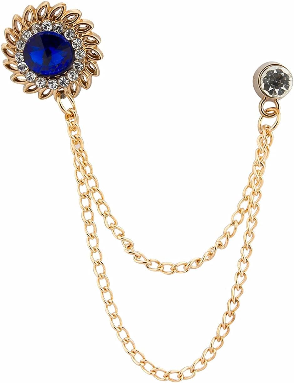 A N KINGPiiN Lapel Pin for Men Royal Blue Stone with Inspired Stone Detailing Hanging Chain Lapel Pin Suit Collar Accessories Brooch for Men