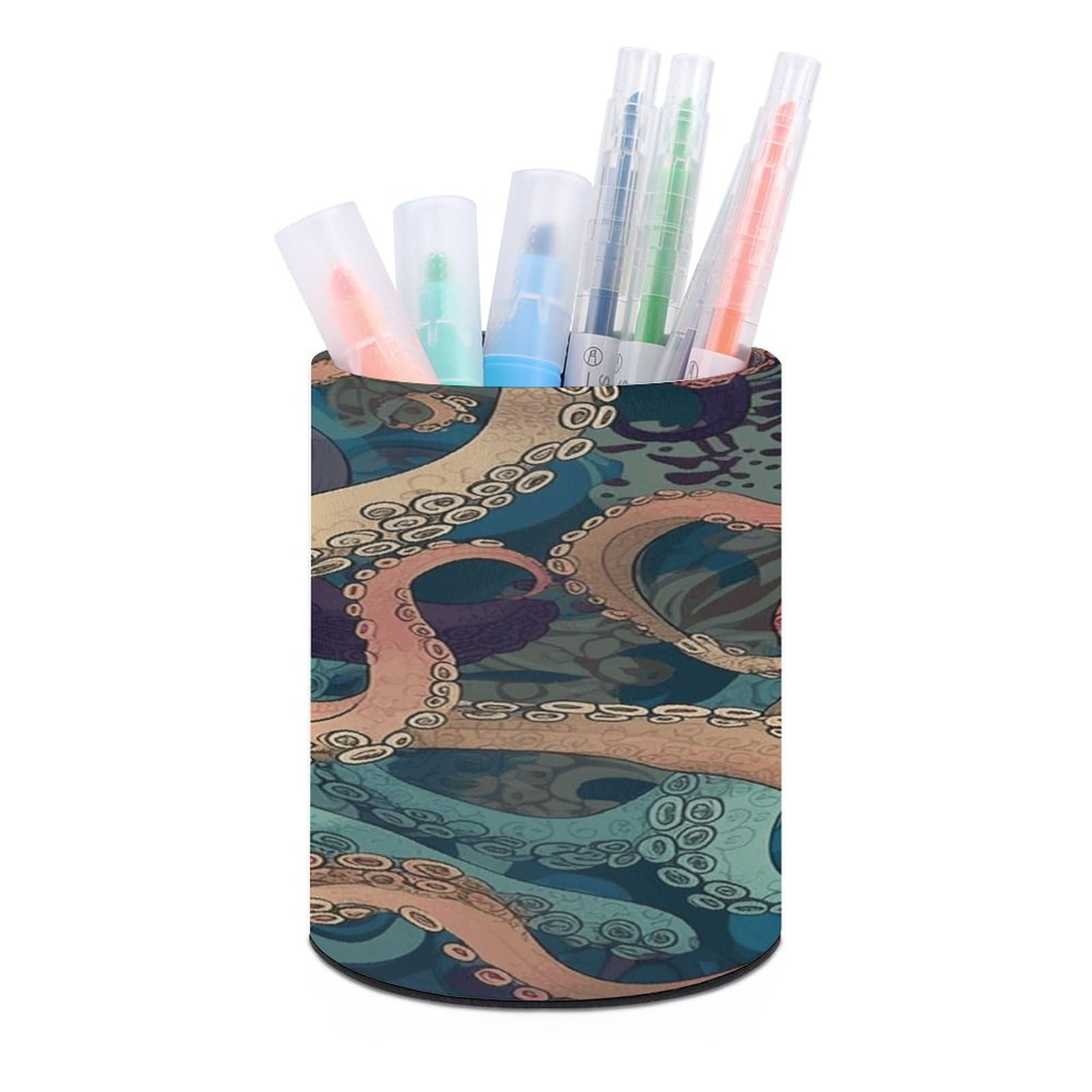 VstaDank Abstract Octopus Kraken Pen Holder PU Leather Pencil Cup Minimalist Desk Pencil Holder Round Make Up Brush Organizers For Office Dorm Room&Vanity Desk Accessories