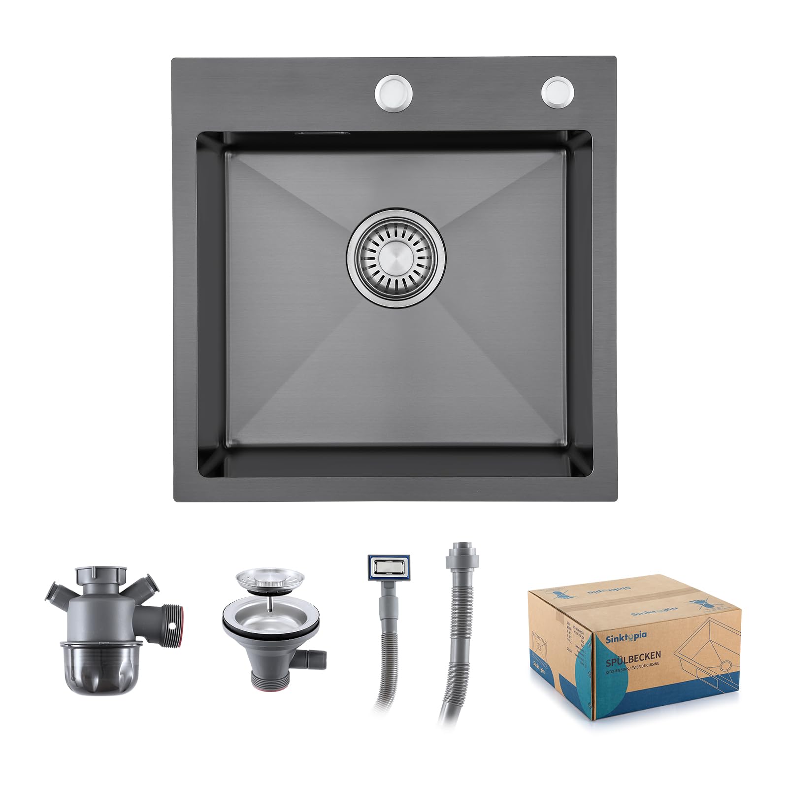 Kitchen Sink with Waste Kit, 2 Tap Holes Stainless Steel 304 Thick Deep Basin Single Bowl, Sinks with Strainer Overflow for Home Kitchen Campervan Utility Room Bar Nano Black 45×45 cm