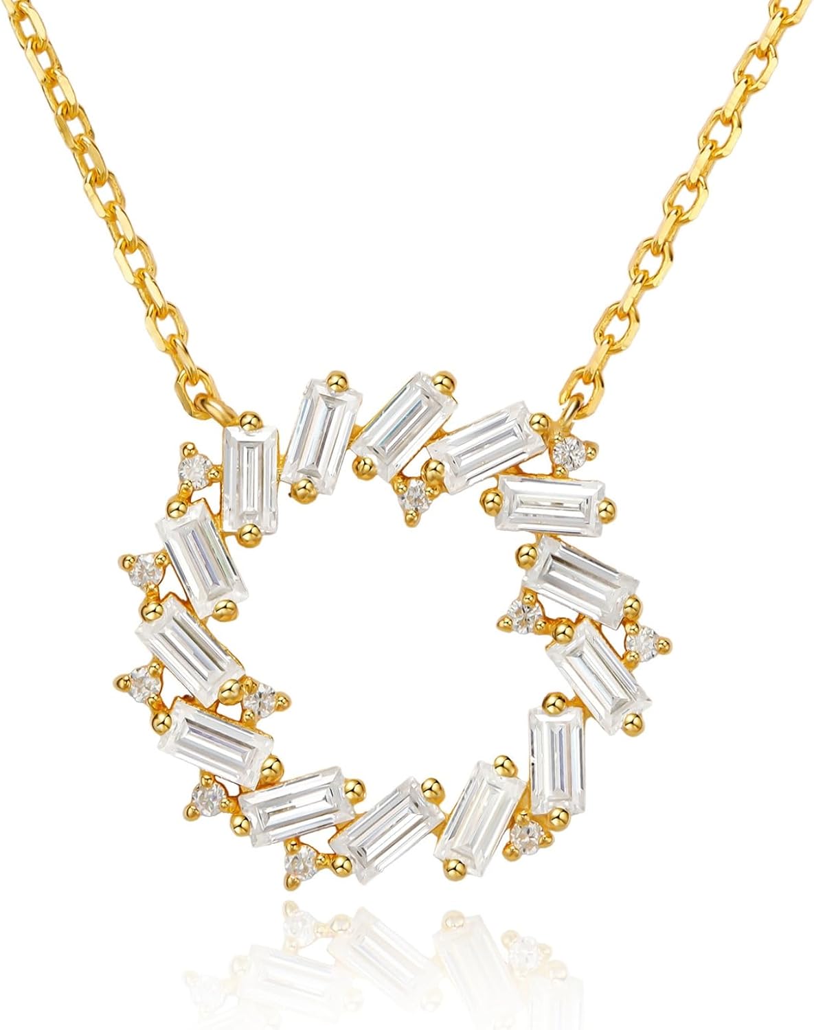 LOVE&LOVE Moissanite Circle Necklace for Women, Eternity Pendant, Baguette & Round Cut Moissanite, D Color VVS1, 18K Gold Plated 925 Sterling Silver, Hypoallergenic Jewelry Gift for Wife Girlfriend