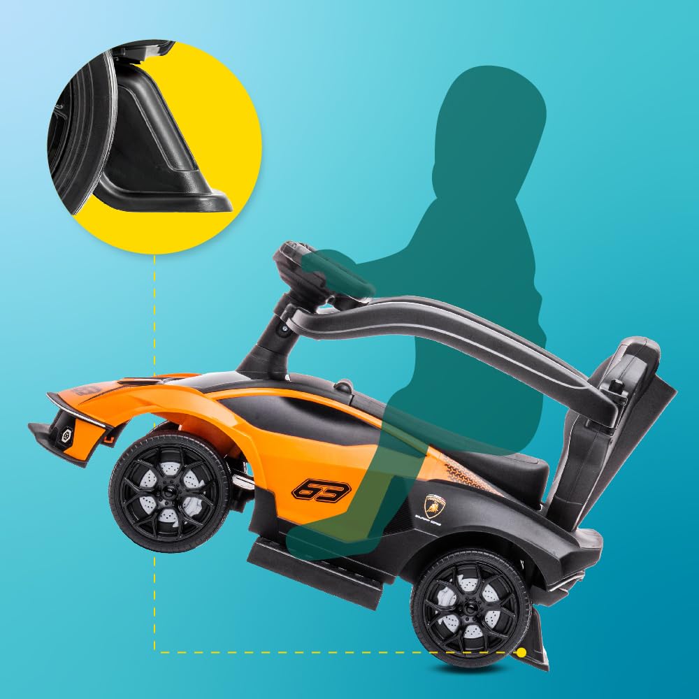 sun baby Jeździk pchacz dla dzieci Lamborghini Essenza SCV12, efekty dźwiękowe, schowek, pchacz sterujący kierownicą, wysuwane podparcie na stopy (Pomarańczowy)