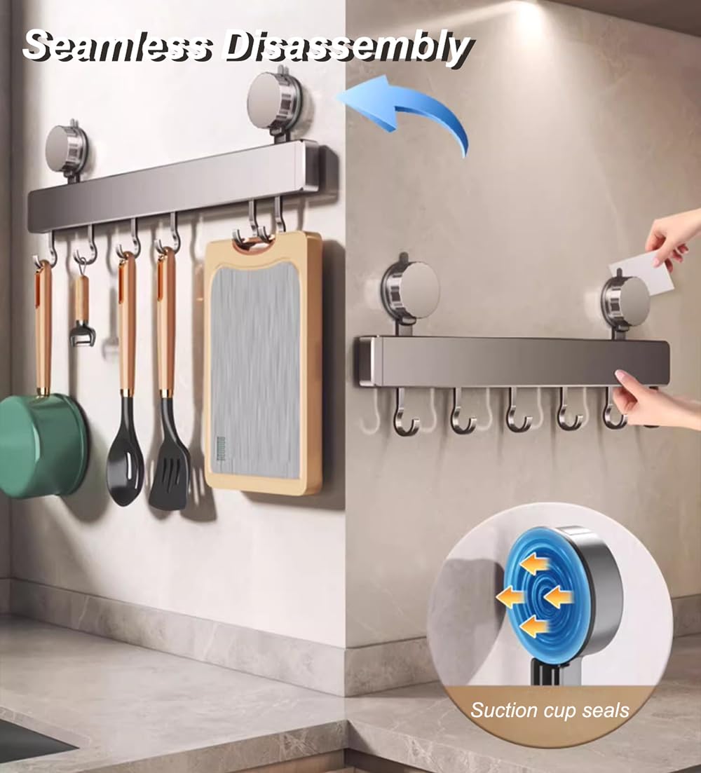 Soporte para utensilios de cocina montado en la pared con ventosa con 10 ganchos móviles, almacenamiento de aluminio duradero para utensilios y herramientas de baño