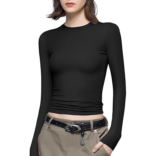 PUMIEY Women's Long Sleeve T Shirts Crew Neck Slim Fit Tops Sexy Basic Tee Smoke Cloud Pro Collection