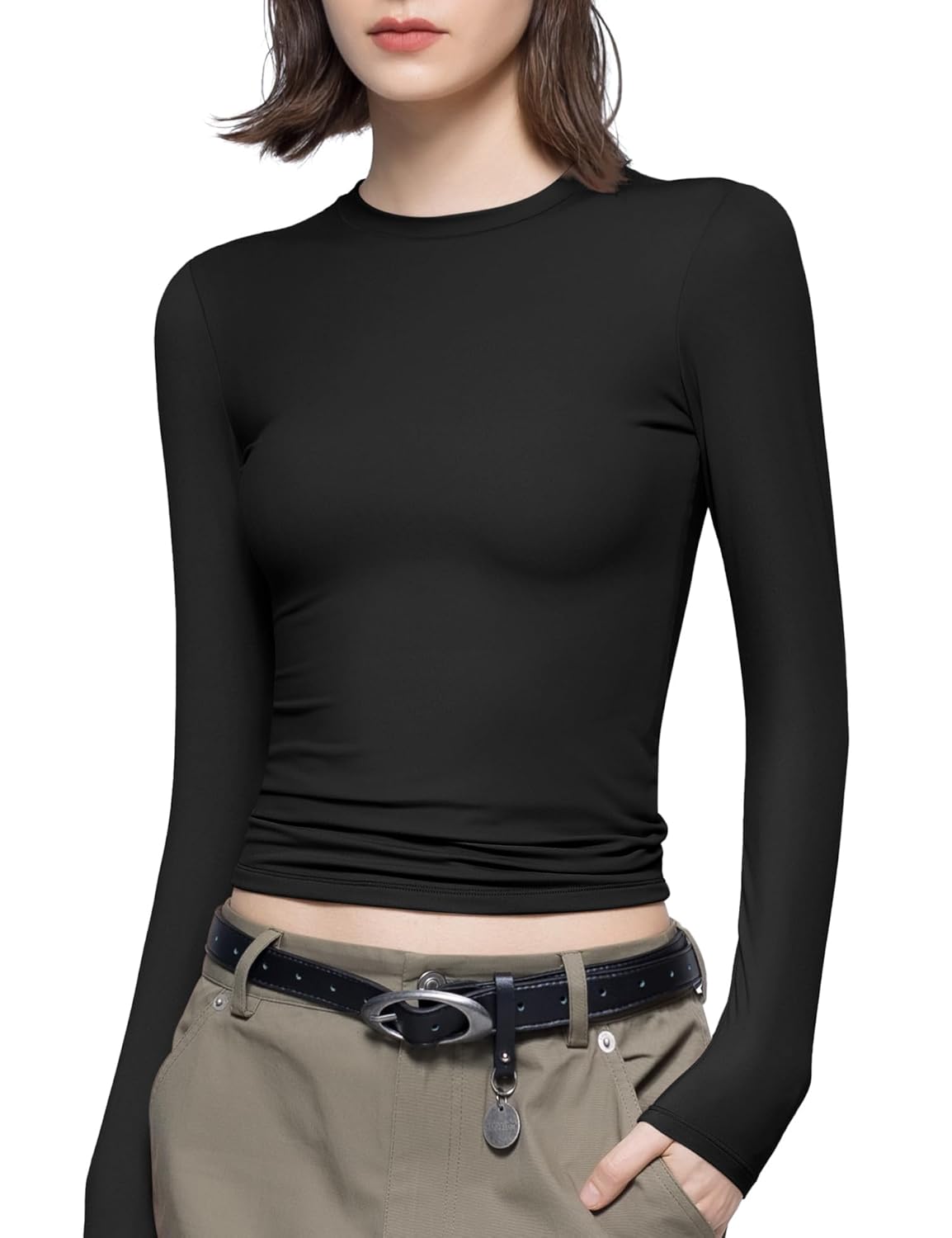 PUMIEY Womens Long Sleeve T Shirts Crew Neck Slim Fit Tops Sexy Basic Tee Smoke Cloud Pro Collection