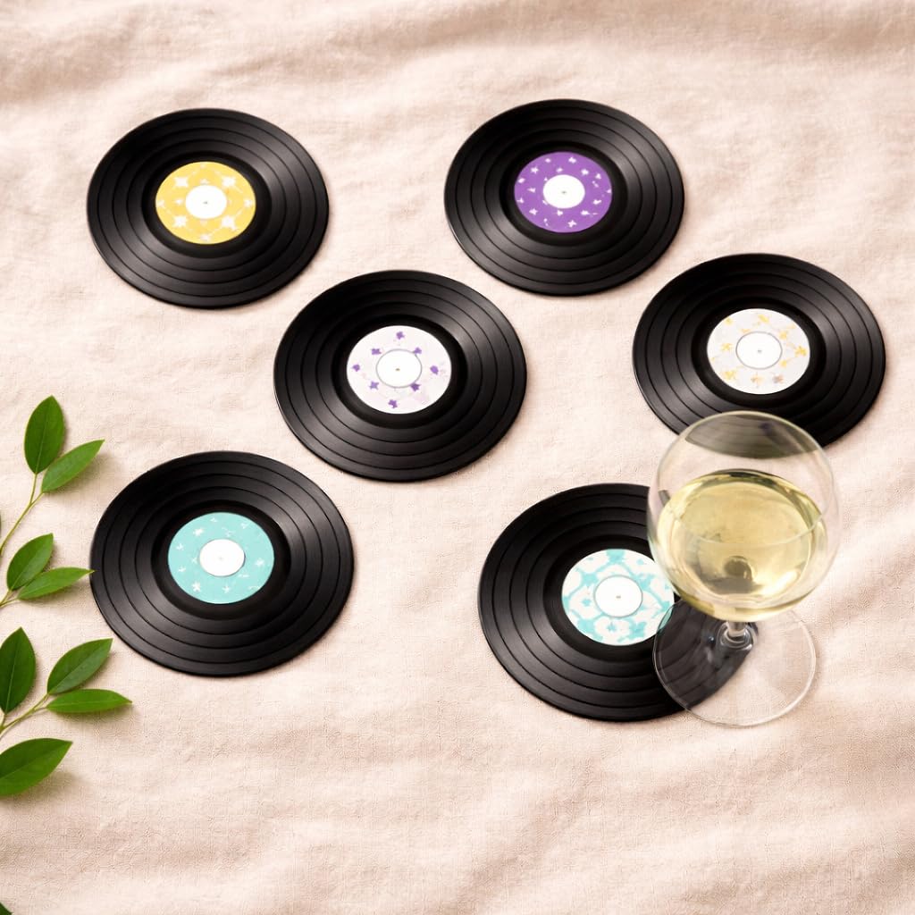 Premium Drink Coasters Set | Heat & Water Resistant Coasters for Glasses | Coffee Cups & Cold Drinks | Stylish Table Protection for Bars | Hotels | Cafés | Offices (Vinyl Records)-image-13