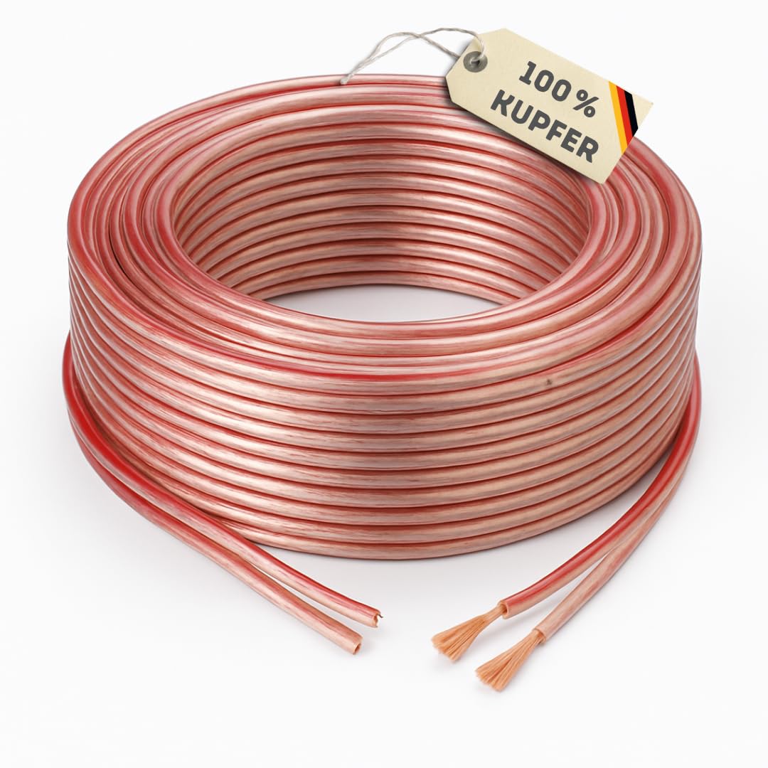 Cavo per altoparlante, 2 × 1,5 mm², 100 metri, in puro rame OFC, trasparente con striscia di marcatura rossa, flessibile e robusto, per HiFi, surround, home cinema, auto e studio
