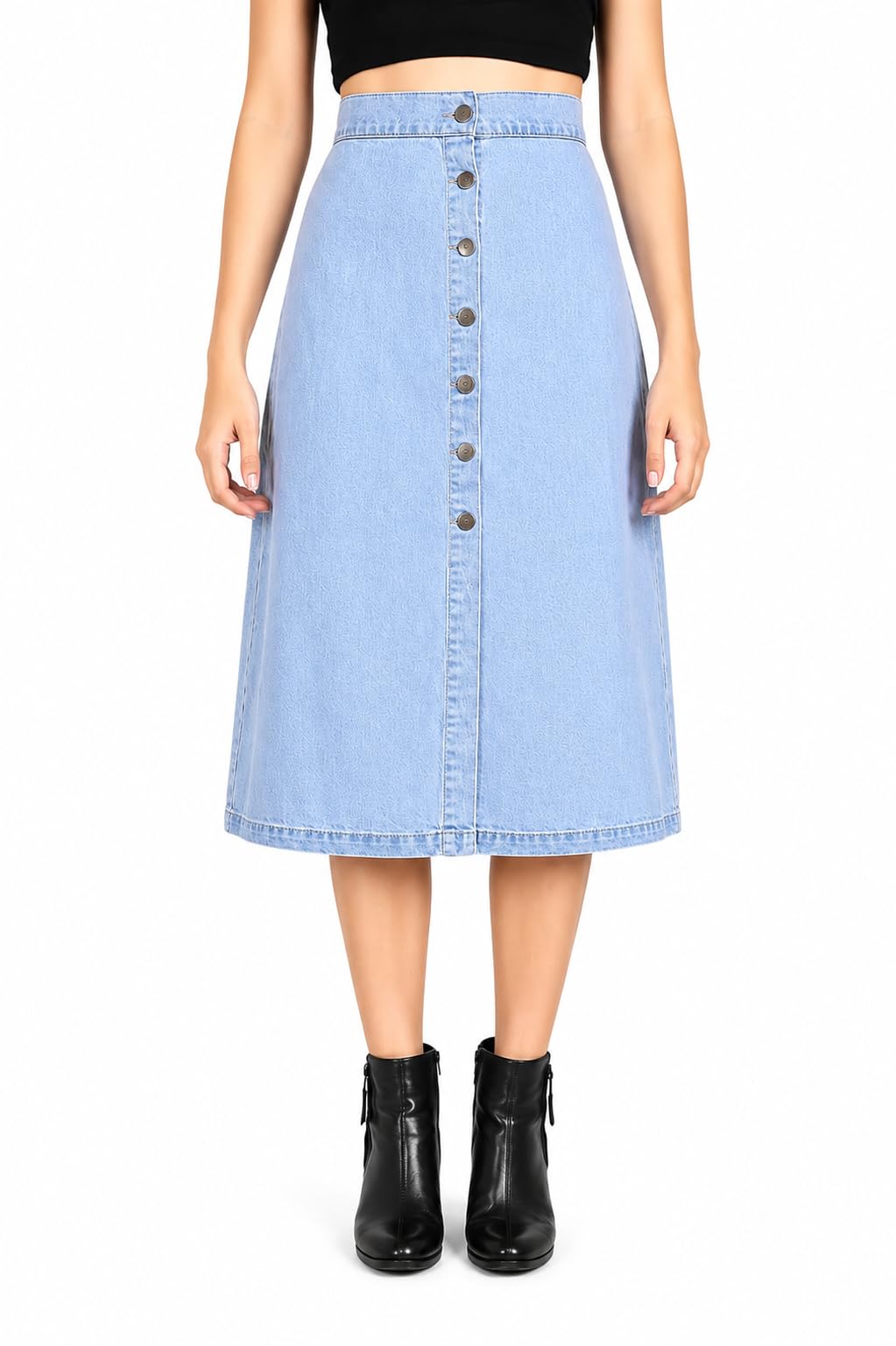 Women's Blue Denim Midi Skirt with Button Front Closure-picture-31