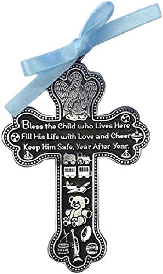 Boy's Pewter Bless This Child Guardian Angel Baptism Crib Medal, 4 Inches