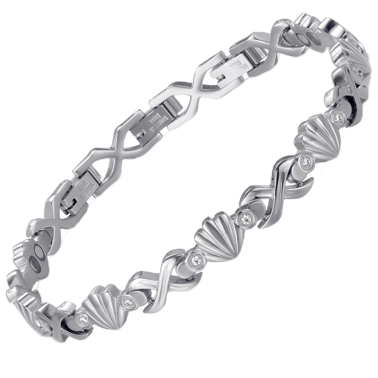 RainSo Bracelet magnétique pour femme - Bracelet en acier inoxydable 3800 Gauss avec coquillage et incrustation de diamant, comprend 3 boutons intelligents, taille réglable (argent)