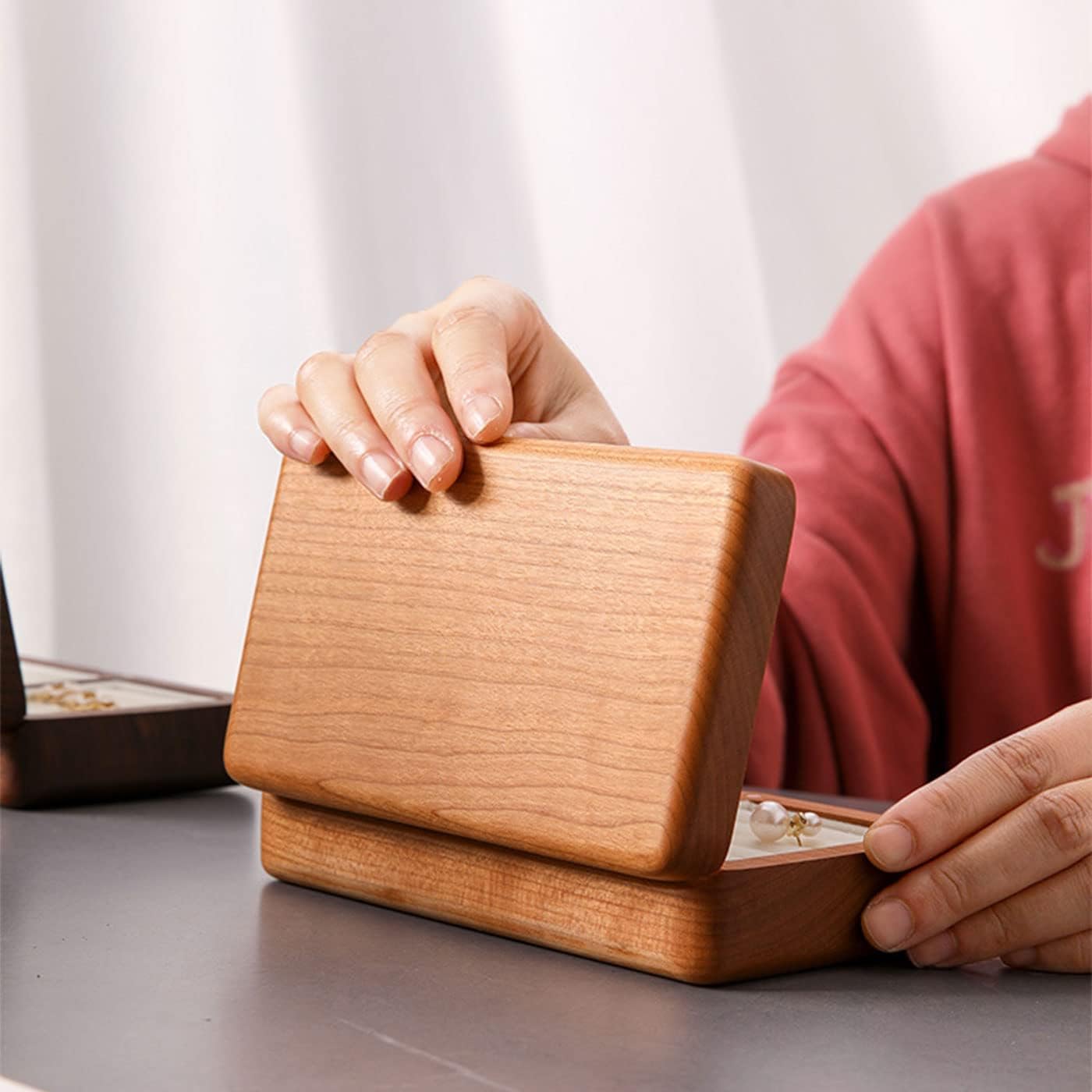 Jewelry Box Ladies Retro Travel Portable Mini Simple Solid Wood Wooden Small Jewelry Organize Storage Display Box (Cherry Wood)