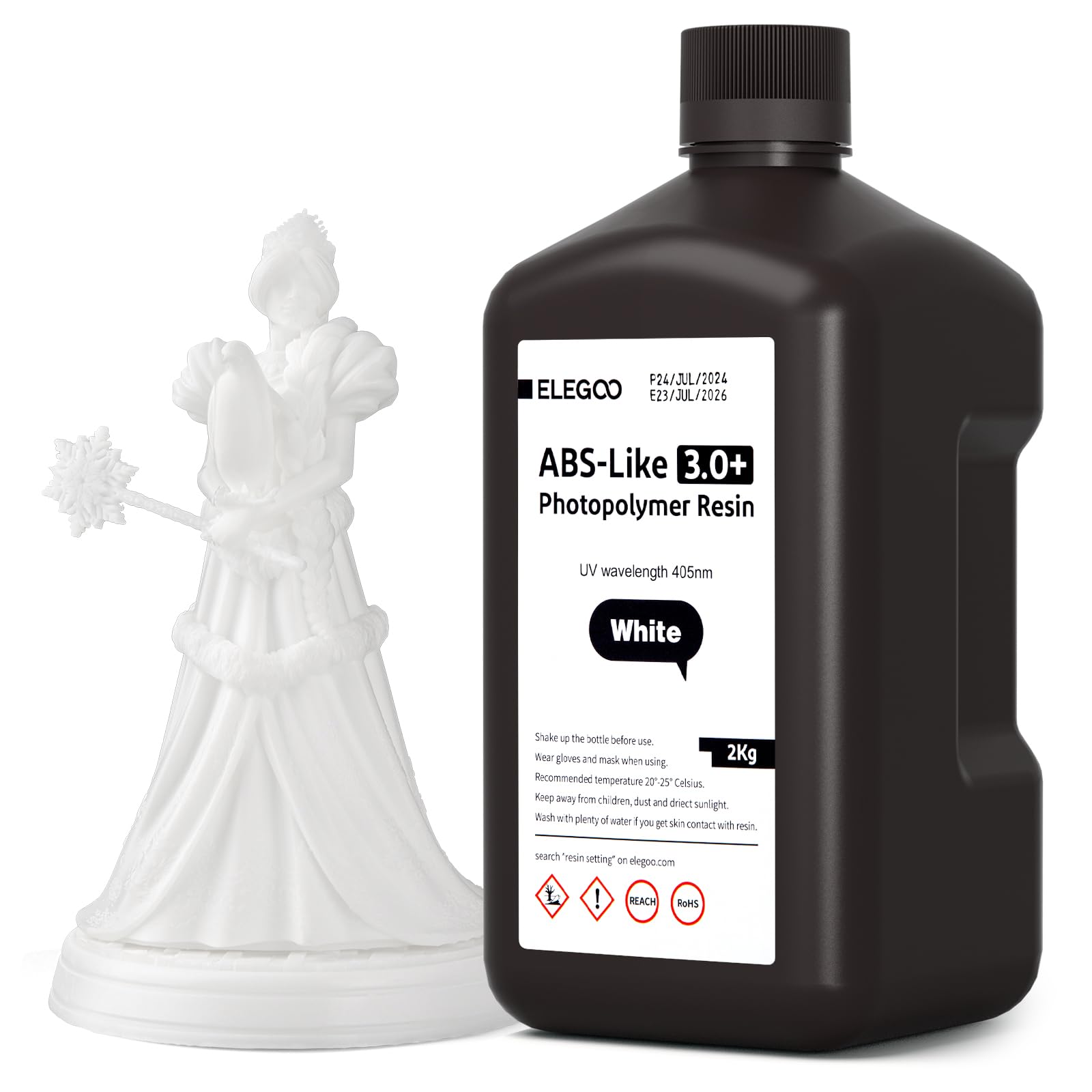 ELEGOO ABS-Like 3.0+ Résine Imprinmante 3D, Blanc 2000g, Résine ABS Like 3.0 Plus à Haute Résistance à la Chaleur, Viscosité et Retrait Faible, Durcissement UV 405nm pour Imprimante 3D MSLA/LCD/DLP