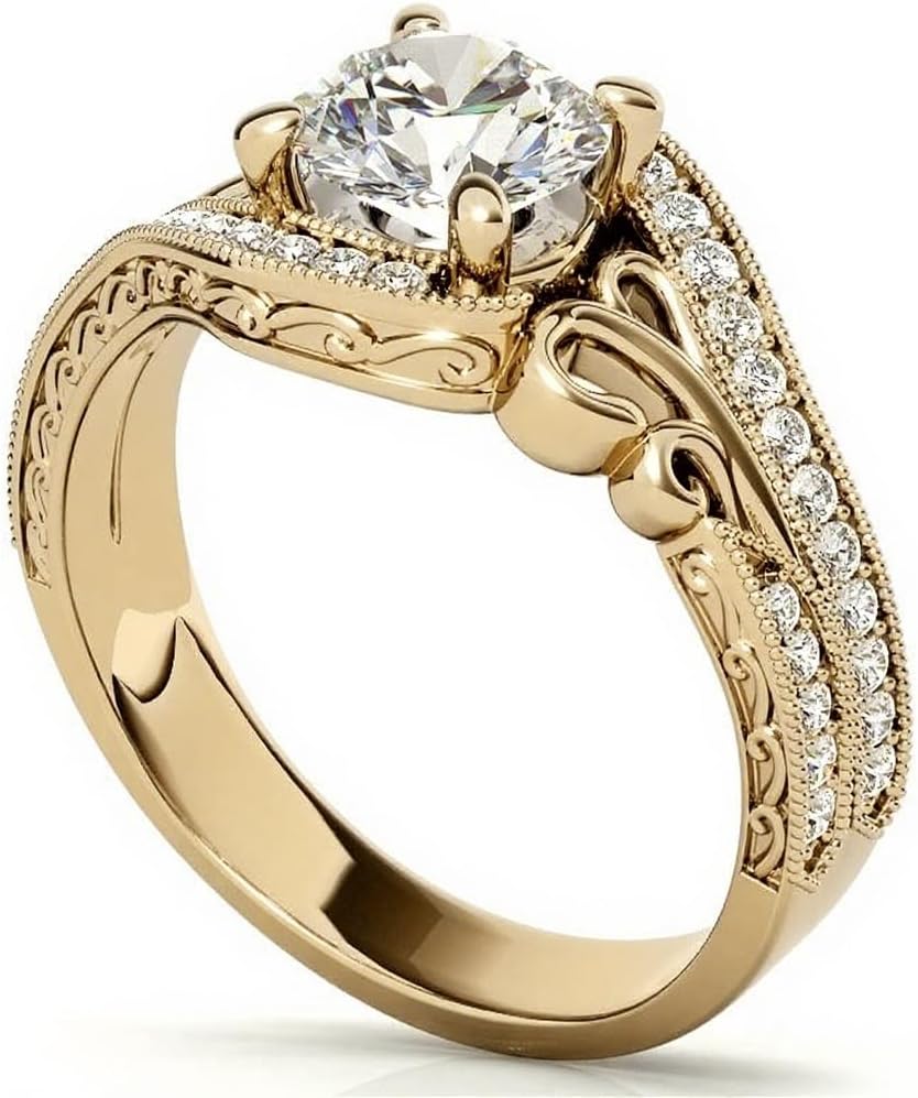 IGI CERTIFIED Vintage Diamond Ring Silver or 10K/14K/18K Gold Lab Grown 1-3 CT Diamond Engagement Ring Personalized Round Diamond Ring for Women