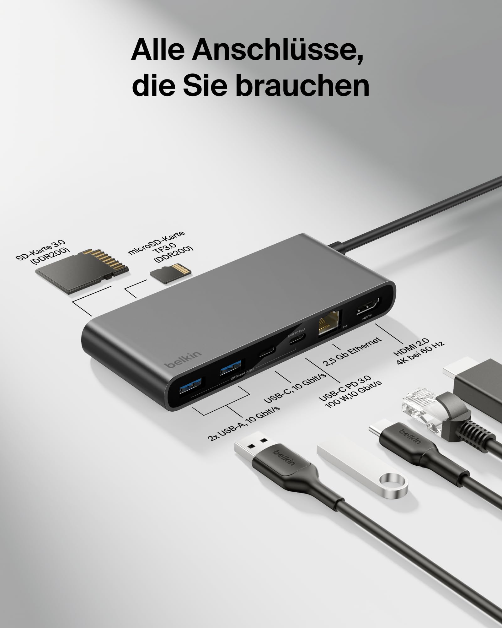 Belkin Connect 8-in-1 USB C Hub, Bildschirmauflösungen bis zu 4K bei 60 Hz – geeignet für Mac-, Windows- und Chromebook-Laptops; 100 W PD; Datentransfer mit 10 Gbit/s; 2,5-Gbit/s Ethernet – Grau