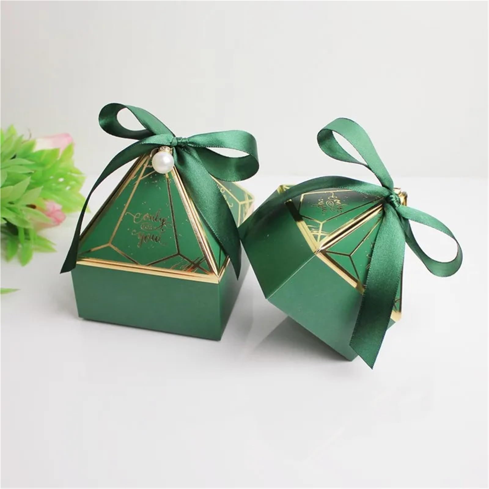 30 Uds. Caja de dulces papel bronceado con torre gemas cinta caja embalaje regalo boda Chocolate for suministros fiesta Para La Boda(Green With Gem)