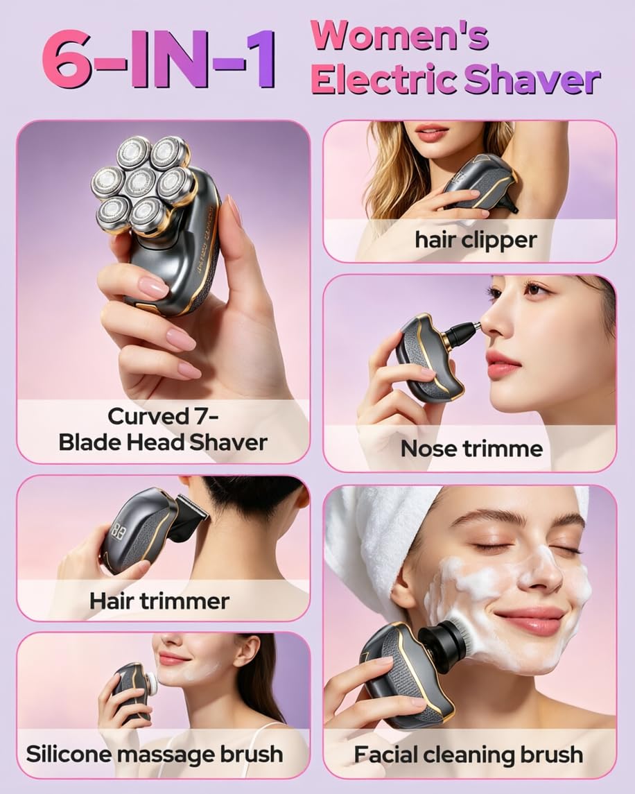 UpperX Groomer elettrico a testa galleggiante 7D, kit di rifilatura ricaricabile 6 in 1, rasoio impermeabile IPX6, depilatore portatile adatto per uomini e donne, depilazione completa