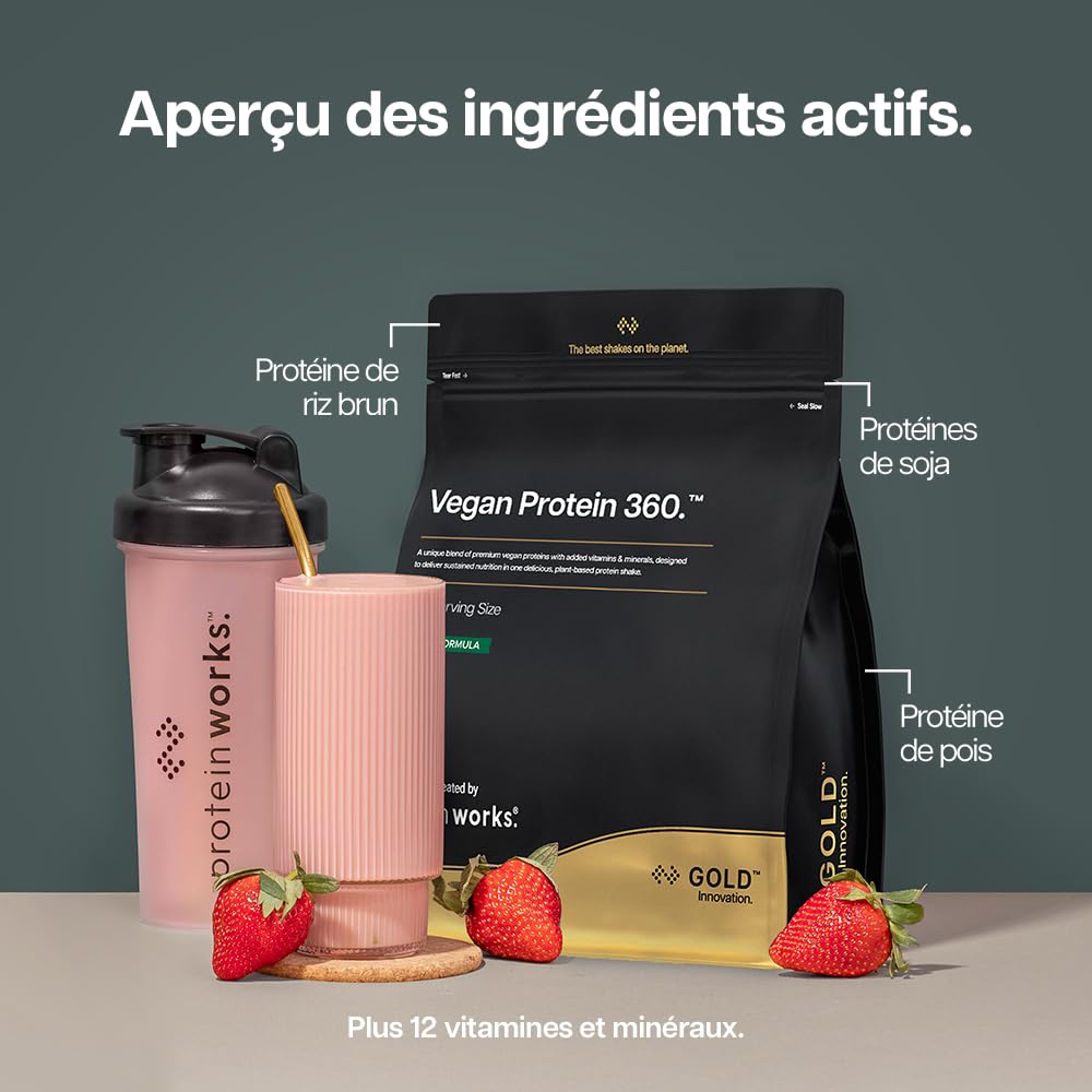 Protein Works | Vegan Protein 360 – GOLD Innovation, Protéine Végane, Mélange Multi-Protéines Premium 100% Végétal, Shake Faible en Gras & Calories, Fraises à la Crème, 66 Portions, 2 kg