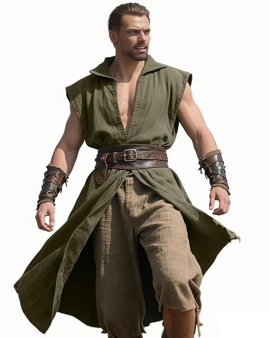 GOLDSTITCH Men's Medieval Hooded Surcoat Renaissance Tabard for Men Halloween Tunic Cloak Viking Costume