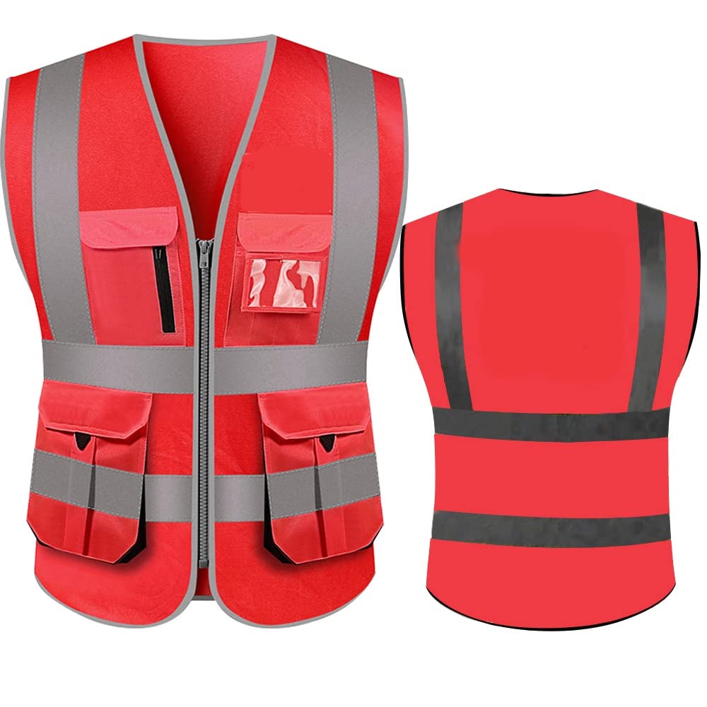 Chaleco De Seguridad Hola Visibilidad Chaleco de seguridad con tiras reflectantes y bolsillos con cremallera Trabajo de construcción Uniformes de valores. Chaleco Reflectante(Neon Yellow,M-Chest 114cm