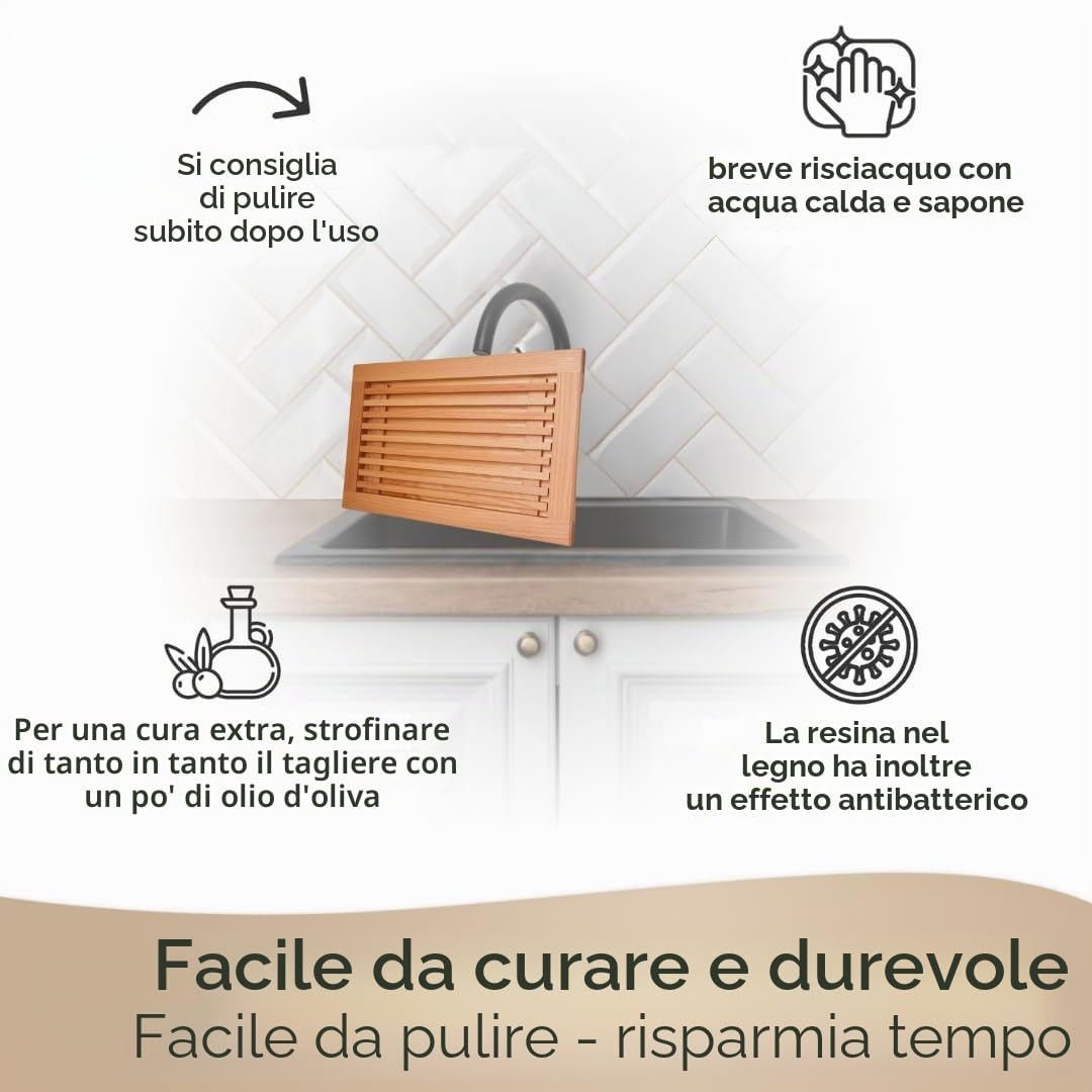 Tagliere per pane realizzato nell'UE con griglia per briciole e manici incassati in legno di faggio oliato - 40 x 25 cm, tagliere per pane, baguette e panini, tagliere da portata - Oliato e