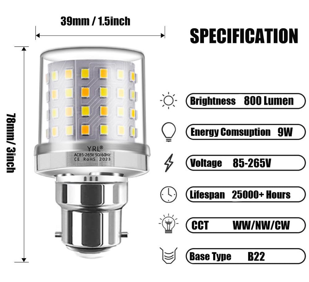 Mini LED Corn Light Bulb, 9W, B22 Socket, 3000K Warm White, 80W Equivalent, 800Lumen, Candelabra LED Light Bulbs - Image 2