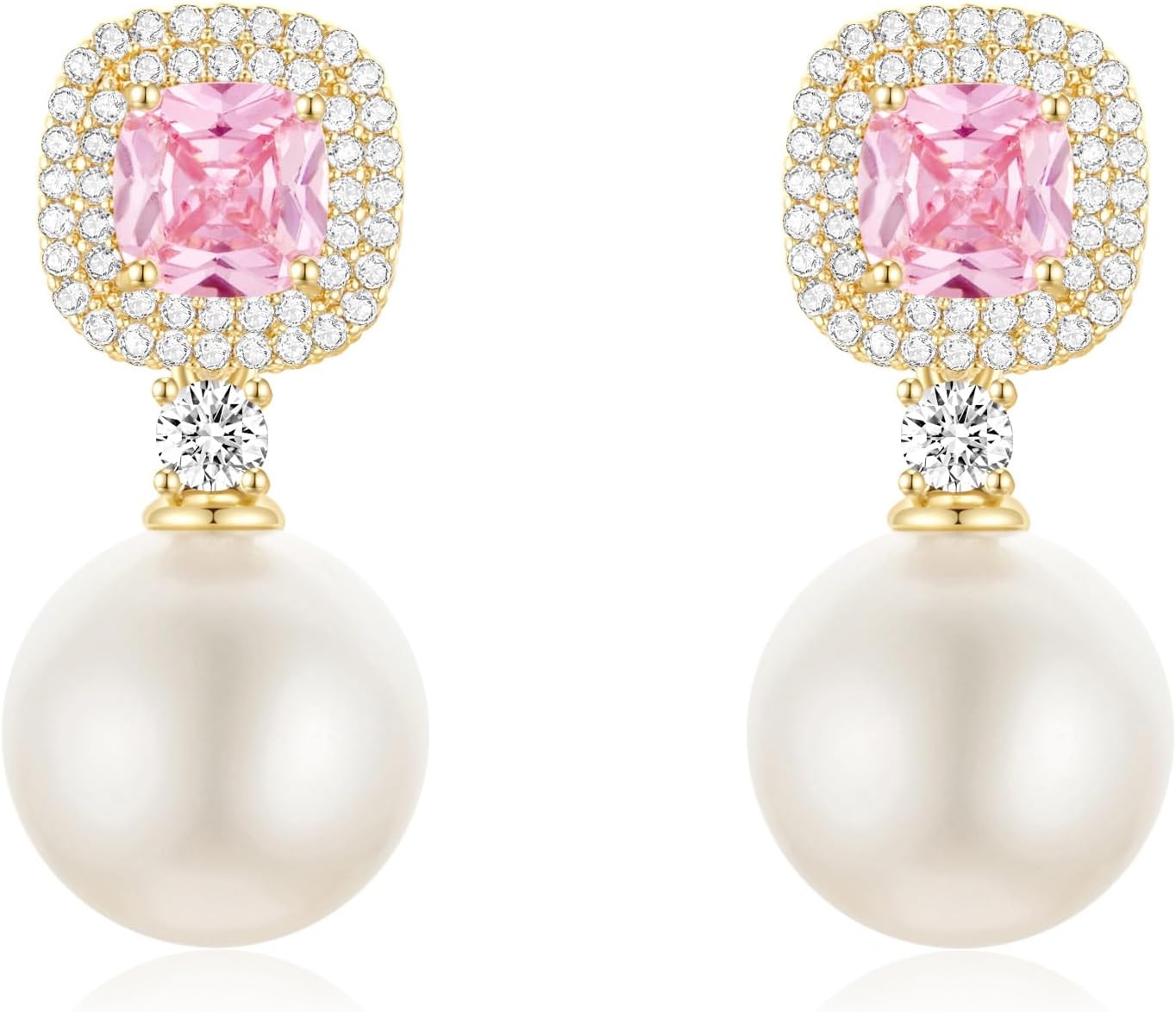 Pearl Drop Earrings With Cubic Zirconia 925 Sterling Silver Post Square Halo Bridal Wedding Earrings Hypoallergenic for Women