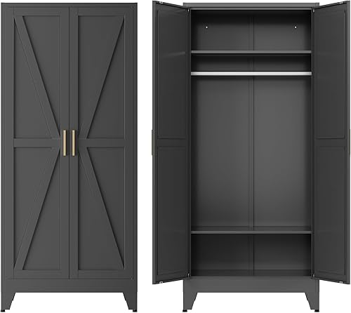 Armario de metal Guardarropa Closet con Barra para Colgar, 71'' Gabinete Guardarropa de Metal con 2 Puertas y 2 Estantes Ajustables, Armarios de