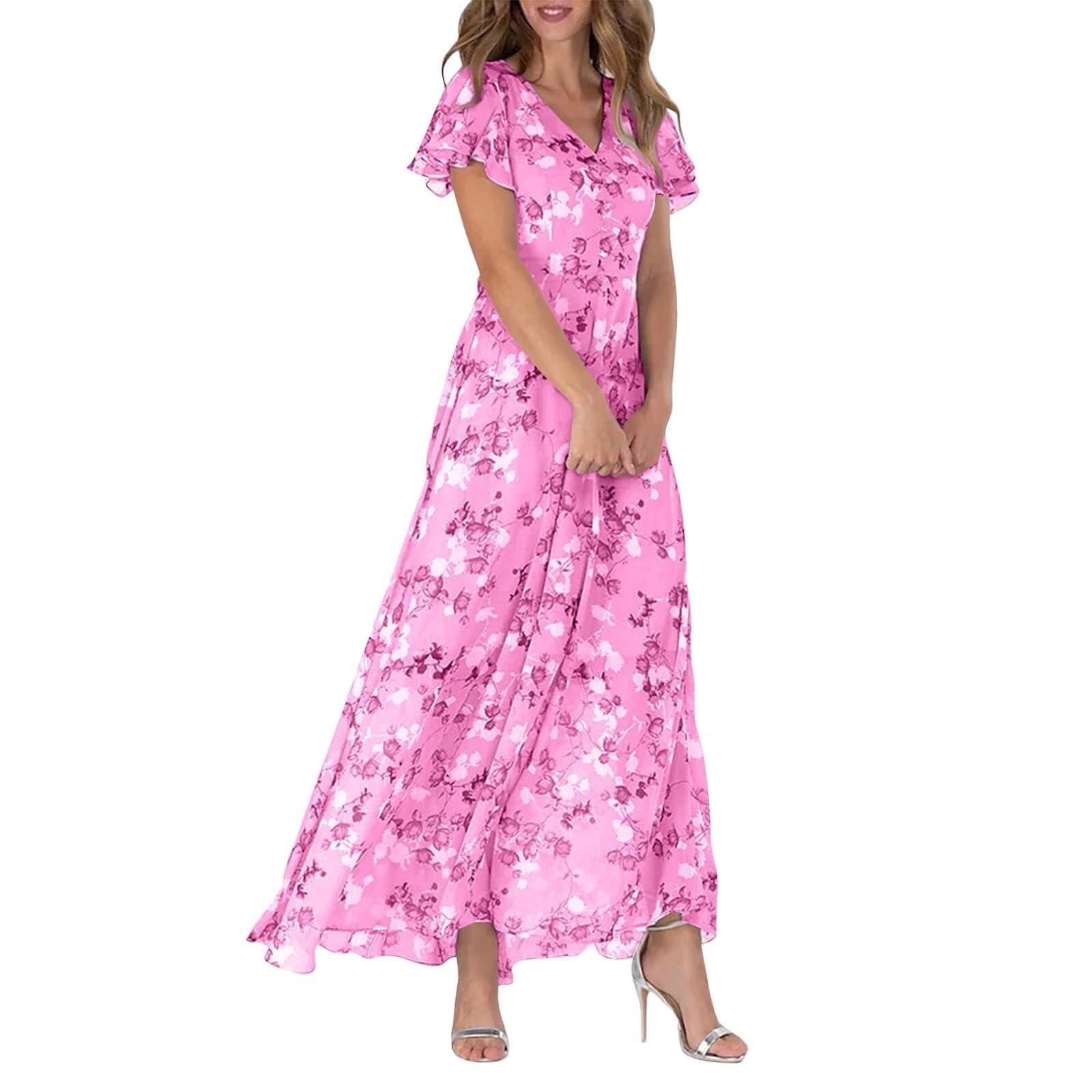 Lockenstab Women's Chiffon Floral Maxi Dress - Summer Elegant Boho Long Flowy Dresses Ruffle Sleeves V Neck Vacation Beach Outfit Wedding Guest Engagement Cocktail Party(Pink,L)