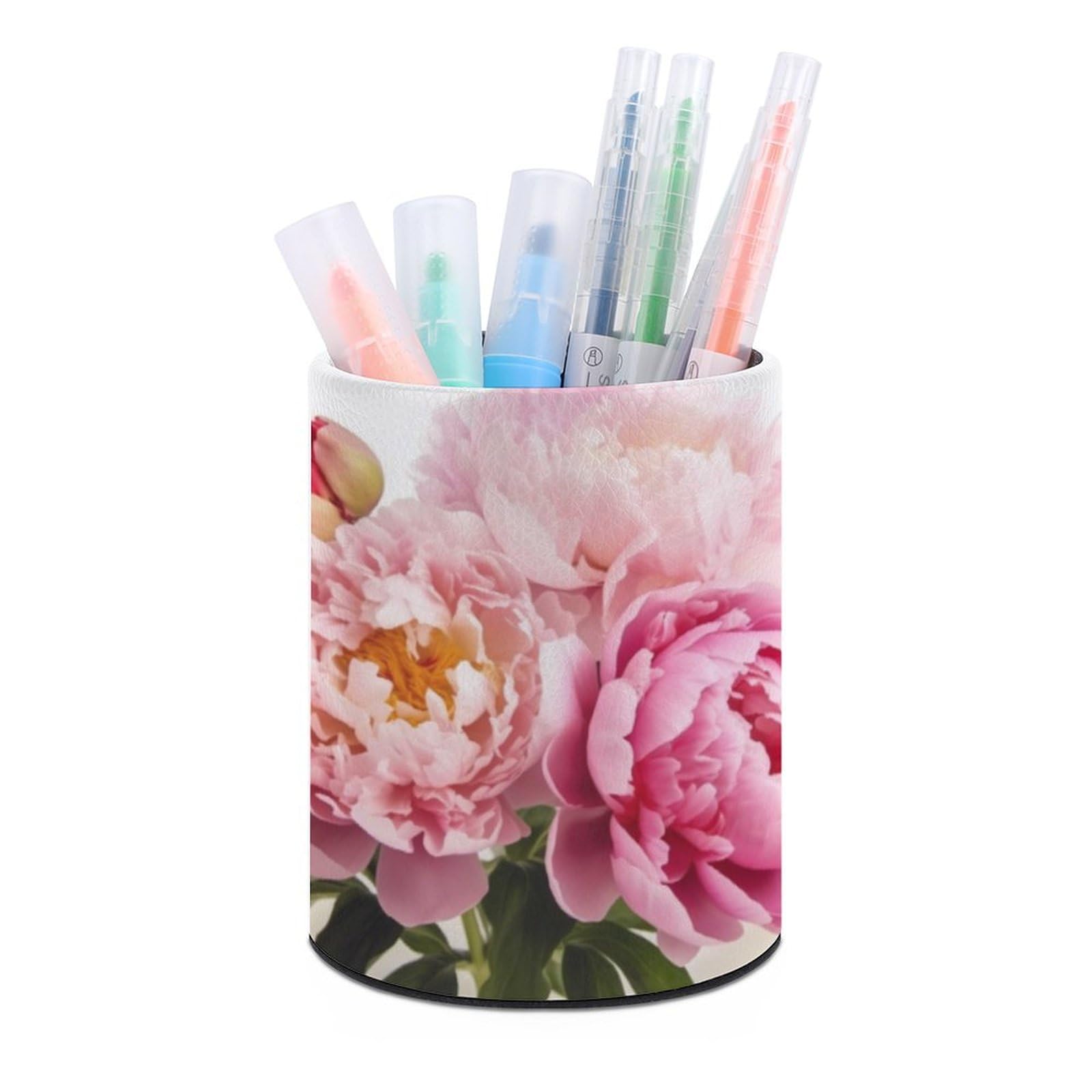 JTREHY Round Pen Holder,Peony Flowers Blossom Printed Makeup Brush Storage Box Desktop Stationery Storage Cup Office Accessories Storage Box Pencil Storage Box for Home Office Dressing Table