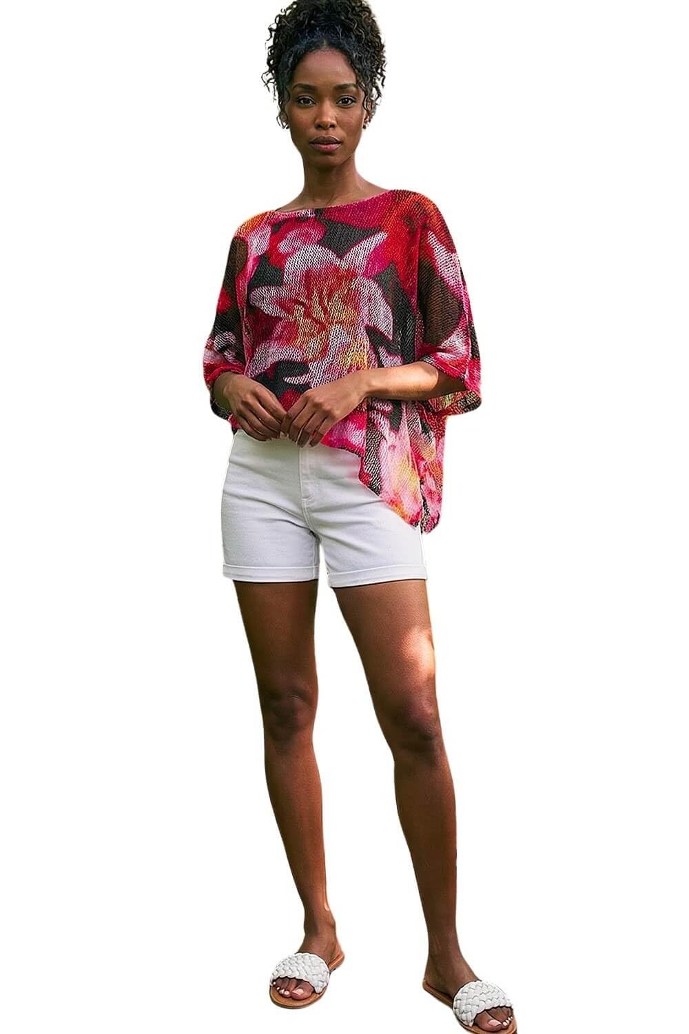 Roman Originals Women's Fuchsia Floral Print Mesh Overlay Top For Uk - Everyday Holiday Spring Summer Round Neckline Comfy Soft Evening Vacation Work Party - Size 18