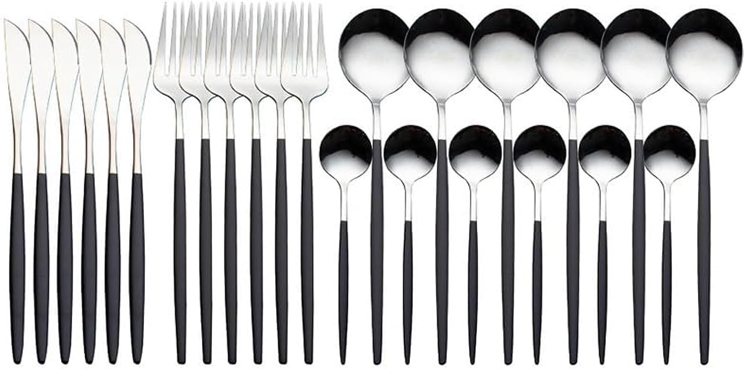 SICHER 24 Pieces Flatware Set, Stainless Steel Tableware Cutlery Set for 6 People, Mirror-Polished Stainless Steel Knife Fork and Spoon Sets for Home and Restaurant, Dishwasher Safe (Black Silver)
