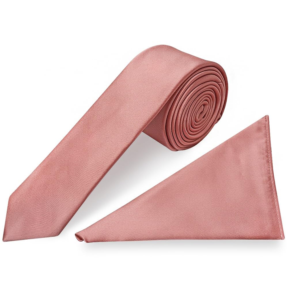Ties R Us Men's Gold & Pink & Rose Gold Rose Gold Satin Skinny Tie And Handkerchief Set Wedding Christening Prom Tie And Hanky Set