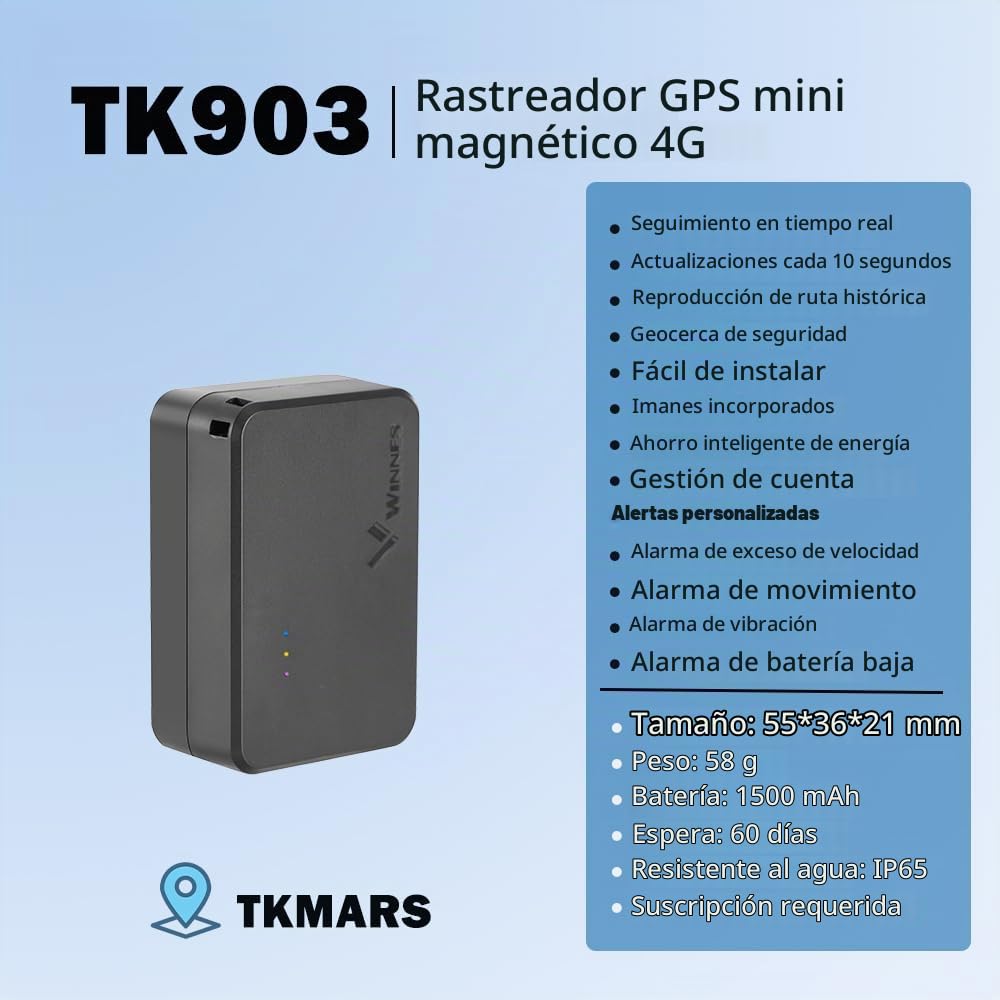 TKMARS Mini Localizador GPS 4G TK903 sin Tarjeta SIM, Seguimiento en Tiempo Real, Rastreador GPS Magnético,1500mAH Batería de 60 Días de Duración, Antirrobo Mini Tracker para Coche, Moto, Bicicletas