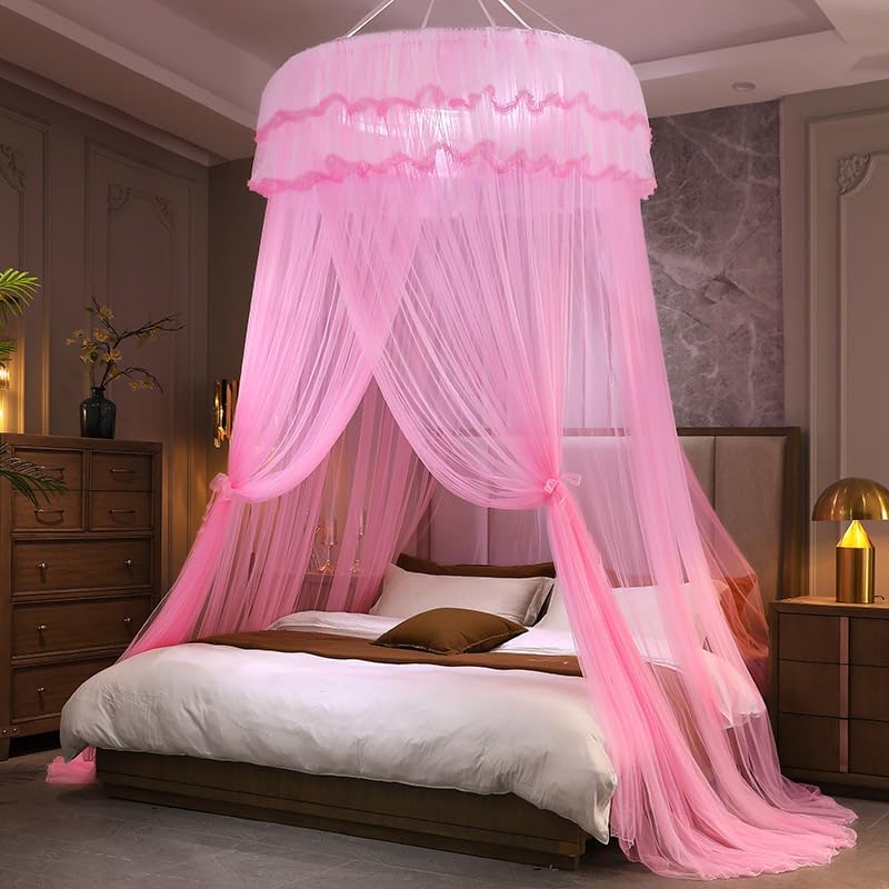 Decorative Bed Canopy for Girls & Adults - Luxury Round Mosquito Net with Double-Layer Drapes Elegant Bedroom Curtains for Queen Size Bed Decor(C,for 180x220cm Bed)
