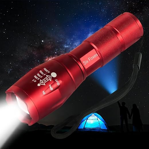 SIX FOXES Flashlight, 3000 High Lumens Tactical Flashlights, with 5 Modes and Waterproof, for Camping, Outdoor Hiking, Emergency, Gifts for Kids, Women & Men, (RED)