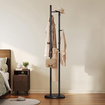 Solid Wood Coat Rack Freestanding - Wooden Coat Tree Rack Heavy Duty with 6 Hooks, Sturdy Round Base, Load 110LB, Coats Hanger Stand for Office, Bedroom, Entryway, Living Room Black