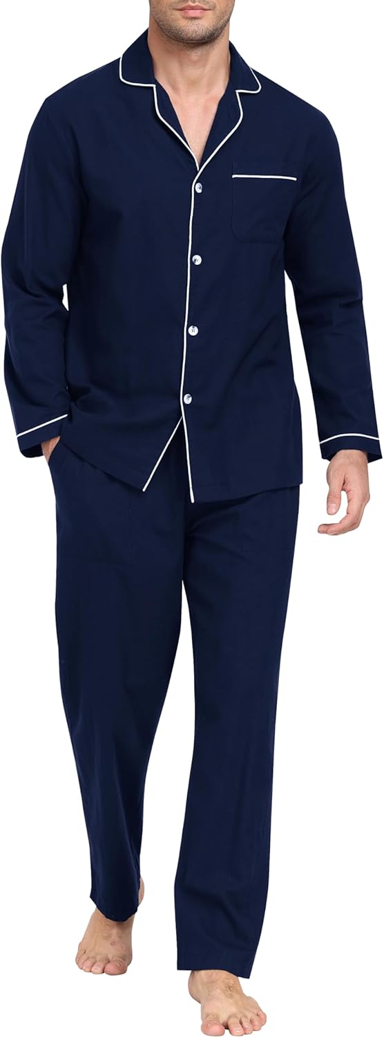 MoFiz Men's Cotton Pajamas Sets Sleepwear Long Sleeve Button Down Loungewear with Pants Soft Pjs Lounge Set with Pockets - Image 2