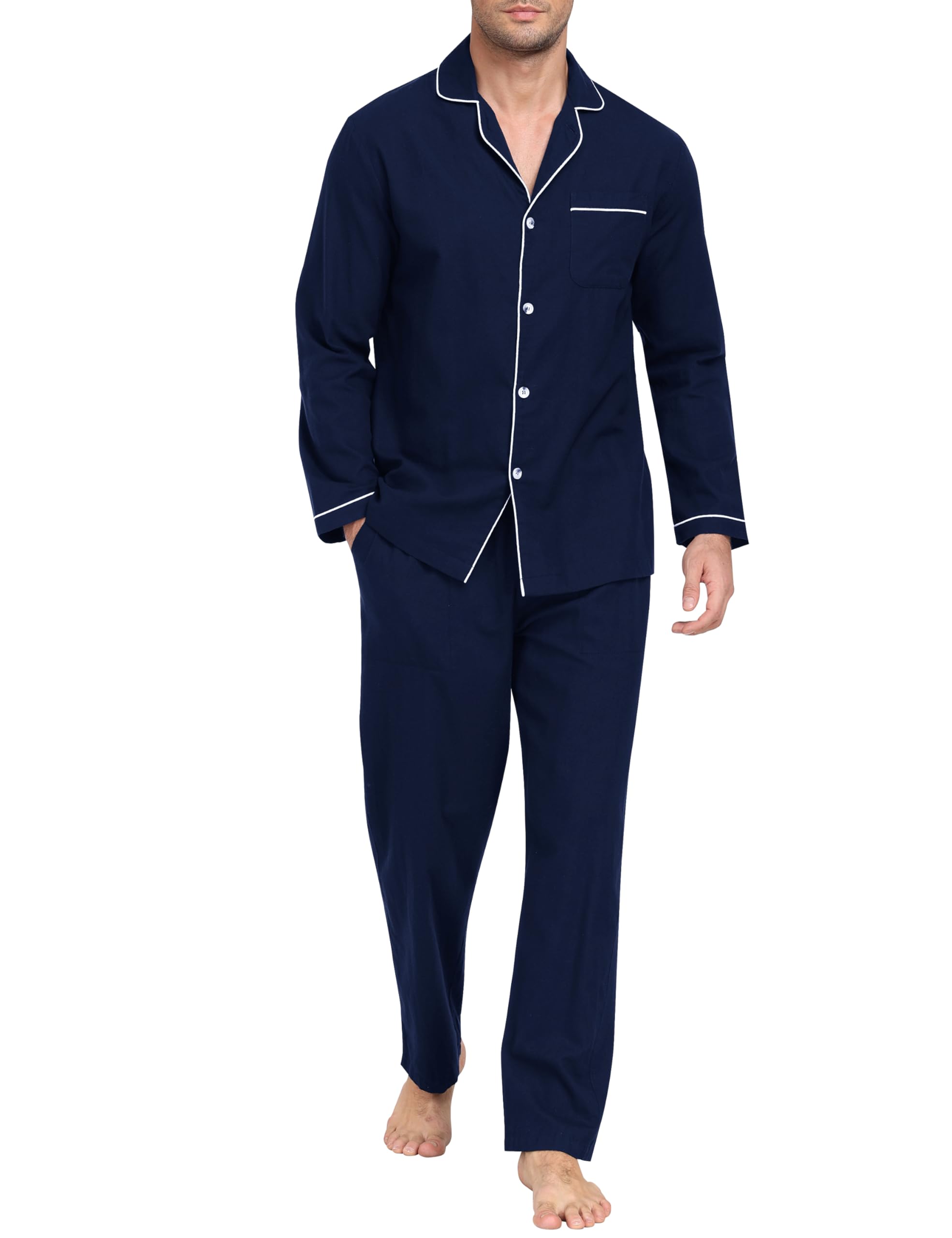 MoFiz Pyjama Homme Coton Ensemble de Pyjamas Col V avec Boutons Hiver Long Vêtements de Nuit Manche Longue Hauts et Pantalon de Pyjama