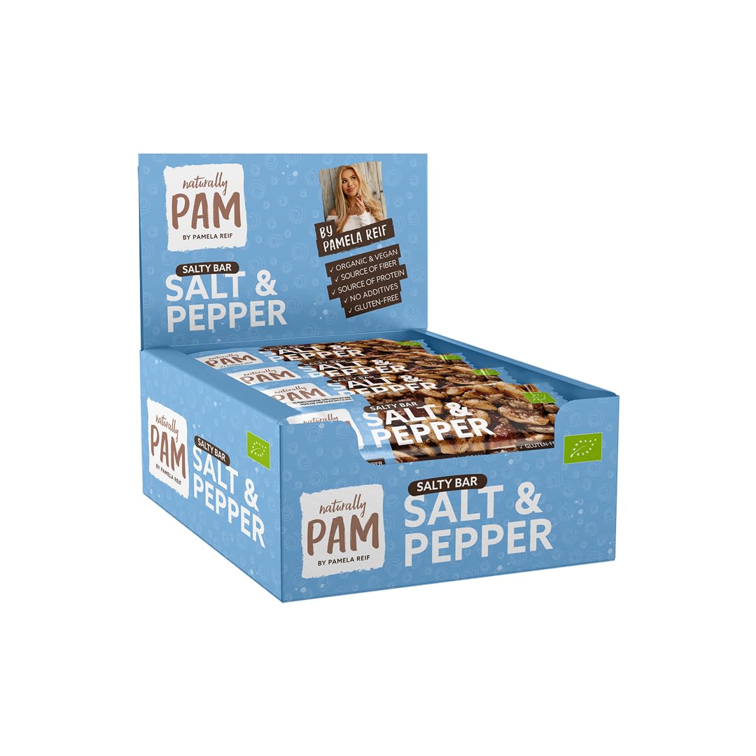 Naturally Pam Salty Bar (bio) | 100% Natürliche Zutaten | Ohne Zusatz von Zucker | Vegan | Glutenfrei & Ohne Milch | 12 x 40g Salt & Pepper