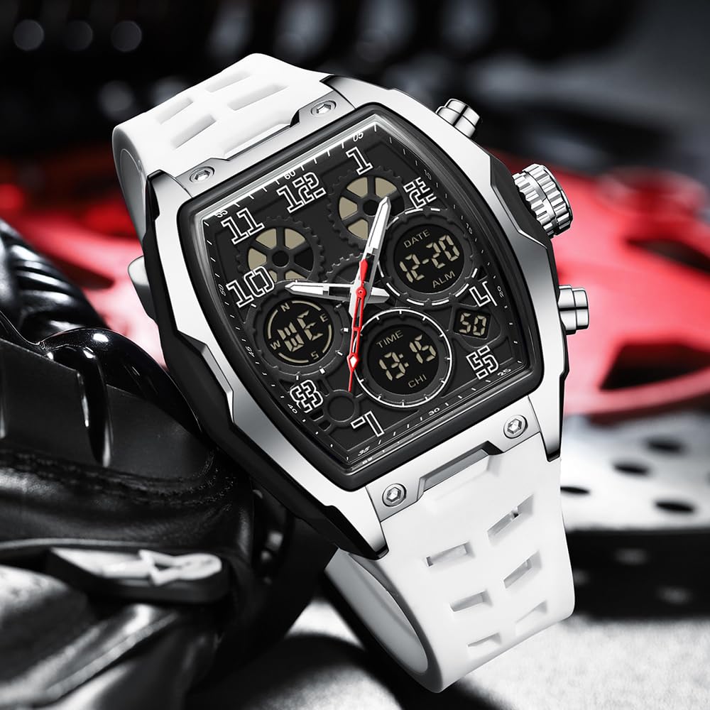 Hombre Relojes para Hombre Rectángulo Unico Reloj Militar Digital Analógico Deportes Reloj de Pulsera con Alarma, Cronómetro,Cuenta Atrás,Cada Hora Chime,Luminoso y Impermeable Multifunción