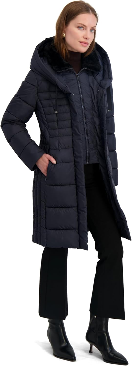 TAHARI Women's Slim Fit Puffer Coat With Attached Hood, Faux Fur Collar, Interior Bib & Hand Warmer Pockets - Image 3