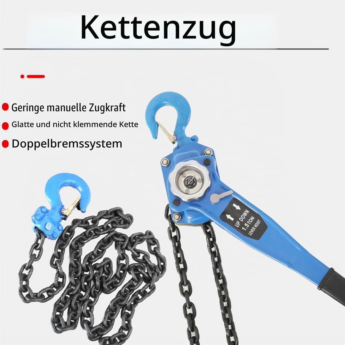 Hebelzug Kettenzug Ratschenzug Hebelkettenzug mit 1500kg Traglast 3m Kettenlänge, Handseilwinde Flaschenzug mit Seilbremse, Einfaches Lastenheben, Flaschenzug Seilzug Handkran für Forst Werkstatt