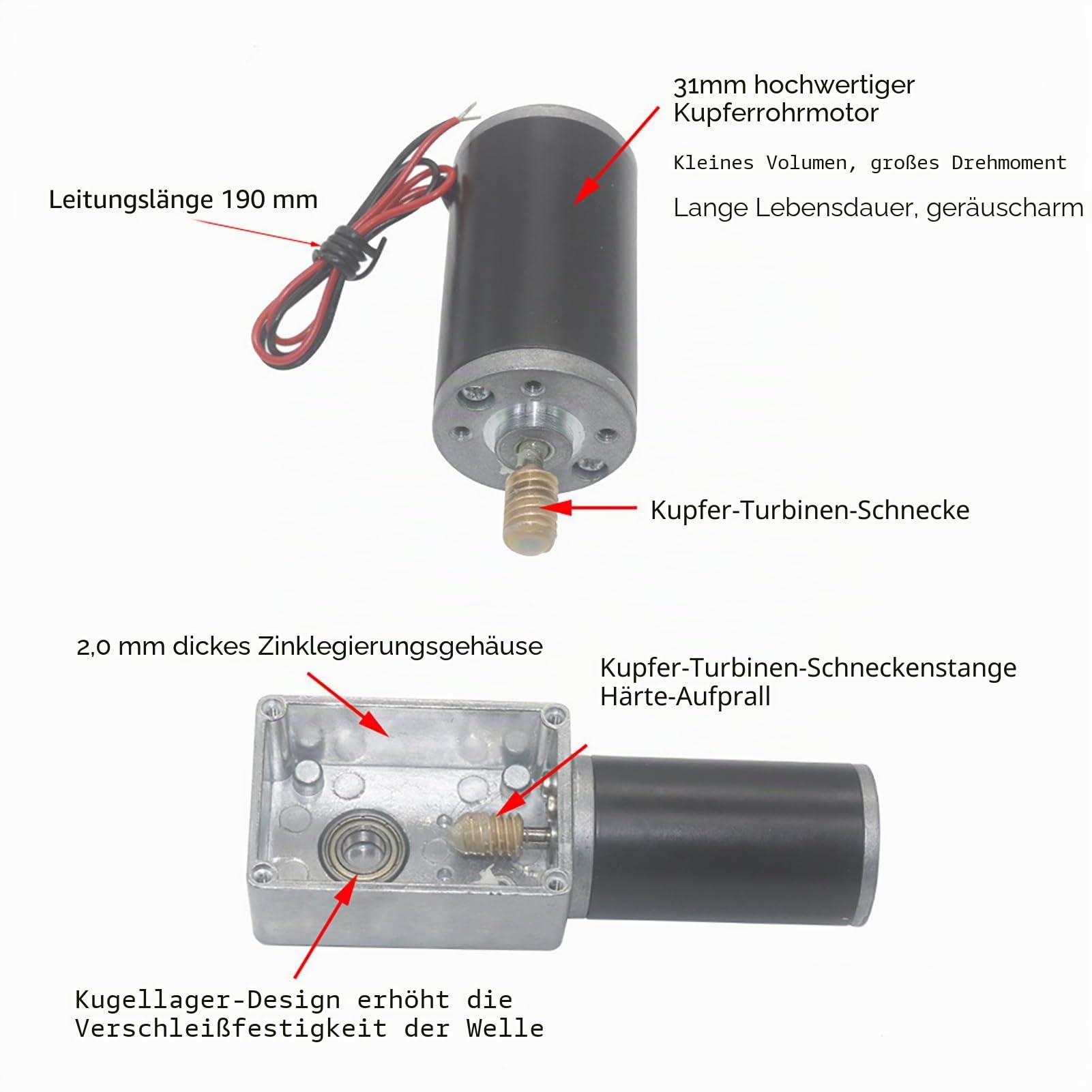 Fafeicy 12V 130RPM Schneckengetriebemotor mit Metallgetriebe 8mm Welle Kugellager Reduktionsmotor