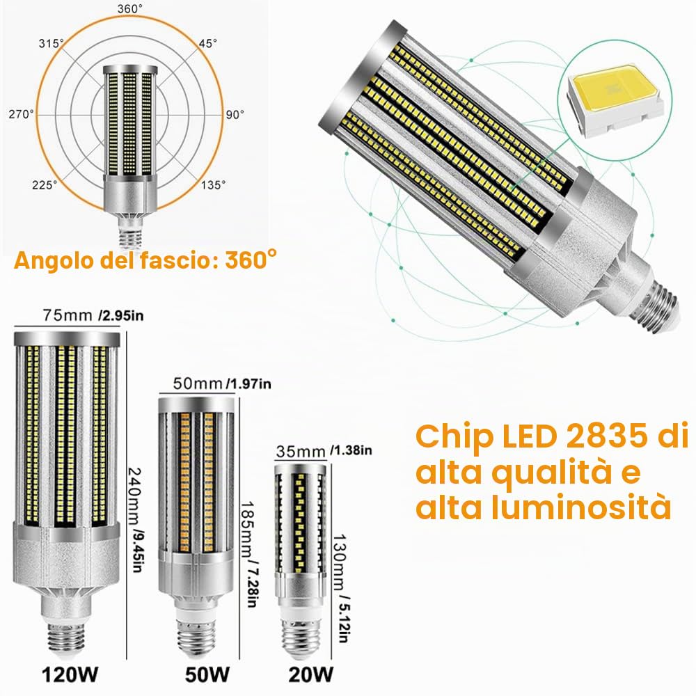 Lampadina per mais a LED 120W,Illuminazione a Soffitto E27/E39/E40 Ultraluminosa,3000K 14,400LM Bianco Caldo,Equivalente a Incandescenza 800W,per Casa Magazzino Officina Garage[Classe energetica A+]
