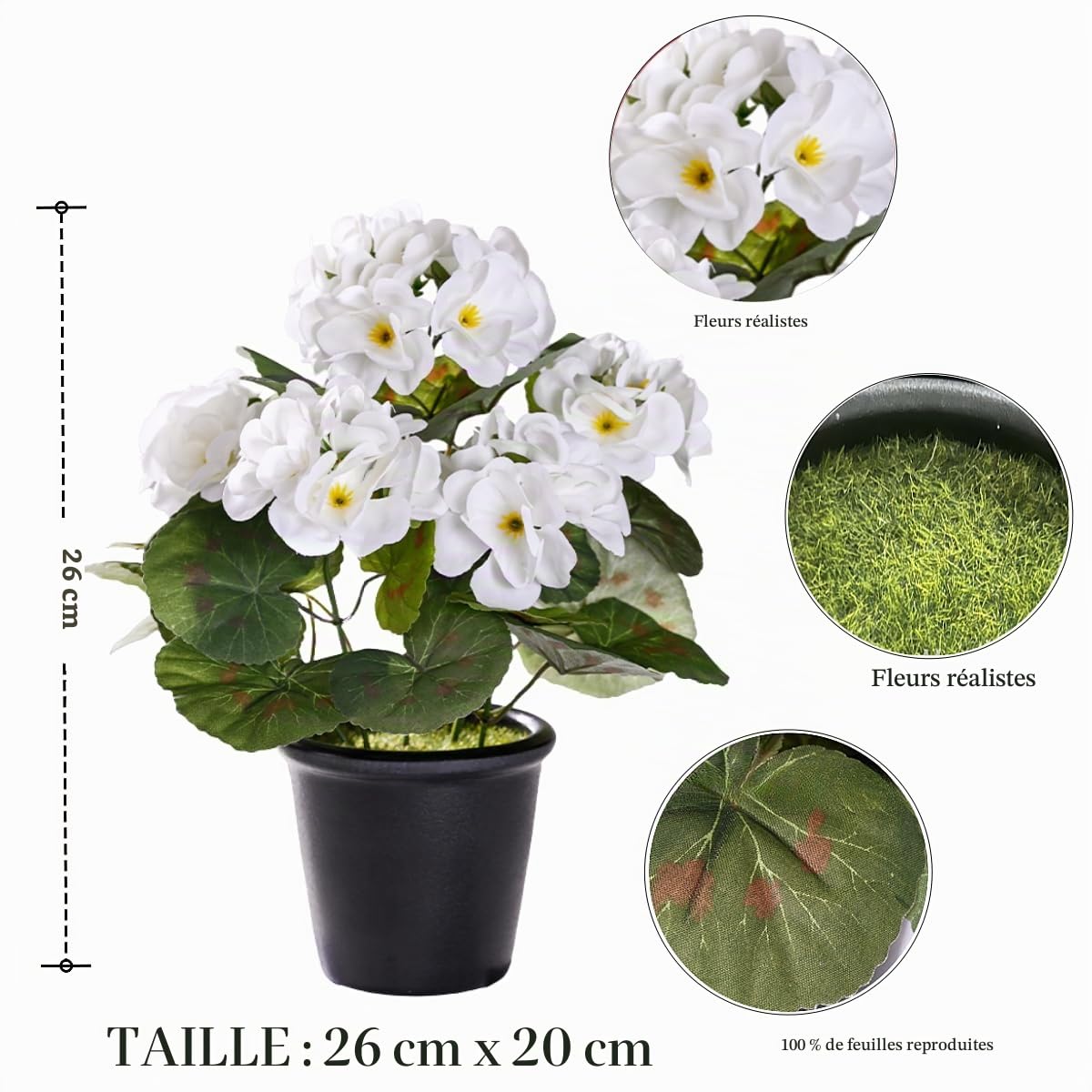 Lot de 2 fleurs artificielles en pot - Géranium - Décoration extérieure et intérieure - Bouquets de fleurs en soie avec vase en céramique - Plante artificielle pour balcon, maison, mariage,
