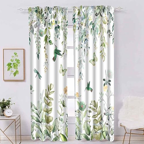Miniatura 1 de Cortinas opacas de hojas de eucalipto verde salvia, 2 paneles de pájaros colibríes, acuarela, flores florales, cortinas opacas con hojas botánicas