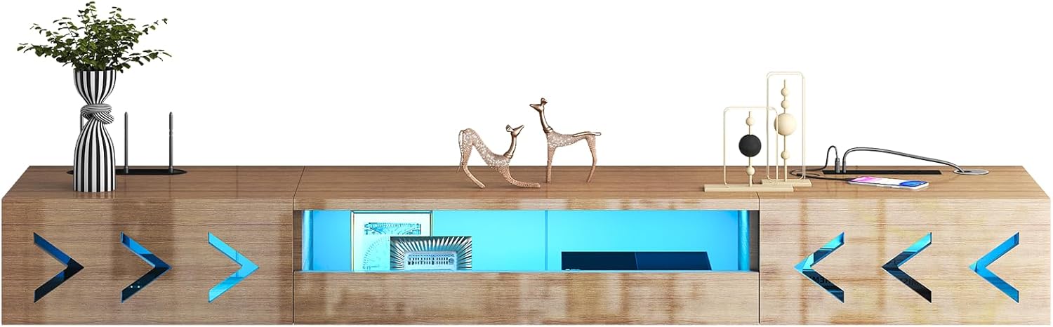 floating tv stand, 71" floating entertainment center wall mounted,floating wall mounted tv shelf with led lights and power outlet,modern high gloss tv cabinet media console with storage