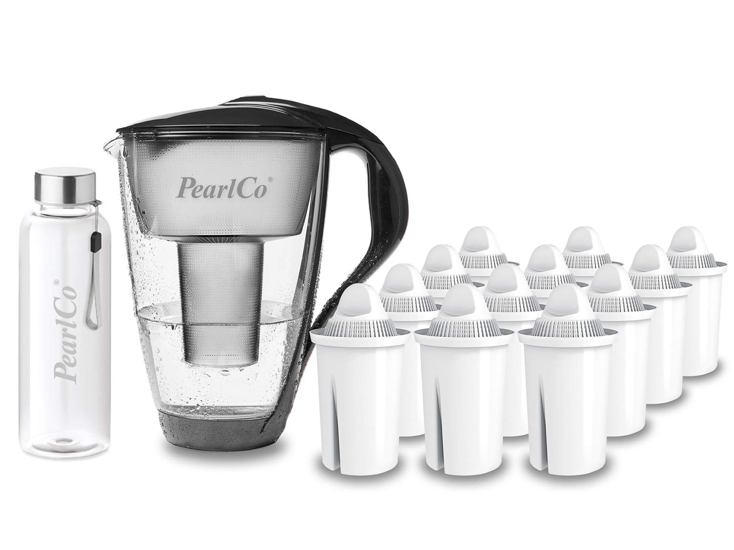 PearlCo - Szklany filtr do wody (antracyt) z 12 uniwersalnymi wkładami filtrującymi Classic + 1 butelka do picia ze szkła