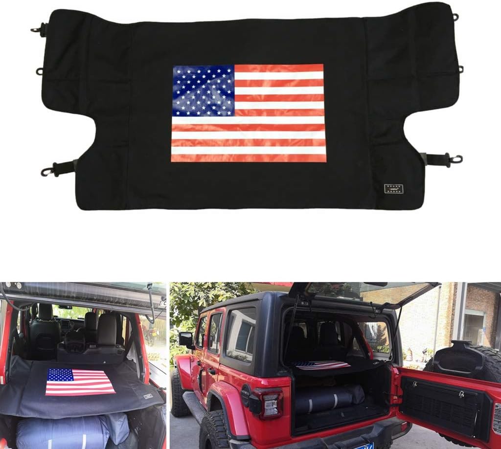 Goldfire Rear Trunk Cover for Wrangler JL Cargo Cover with USA Flag Print JLU 4 Door Black Nylon Cargo Cover Suit for 2018+ JL Unlimited Tailgate Ton Cover Under Hardtop (USA Flag)